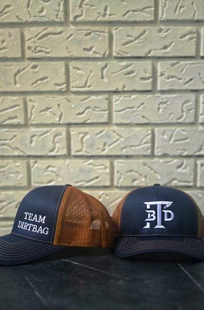 Team Dirt Bag Snapback Trucker Hat – Navy/Caramel with New TDB Logo